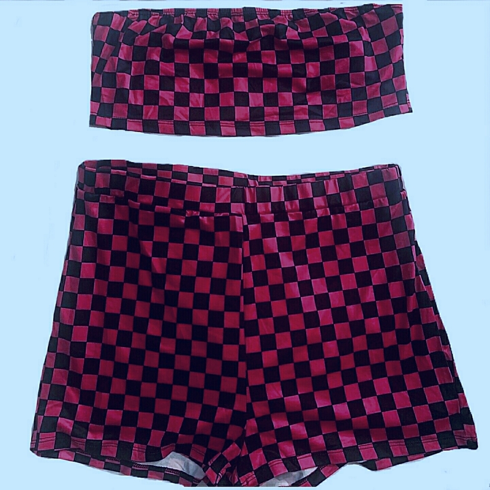 TWO PIECE MATCHING SET HIGHWAISTED SHORTS CROP TOP PINK BLACK CHECKERED …